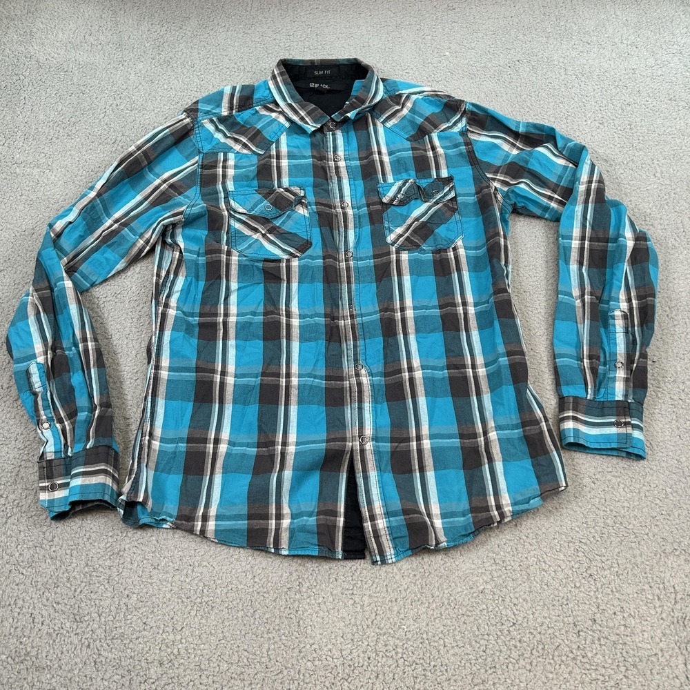 Black Shirt‎ Mens Large Blue Gray Plaid Snap Button Western Slim Fit Cotton
